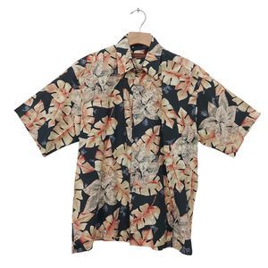 Tori Richard Hawaiian Shirt Mens Small Black Beige Short Sleeve Cotton Summer
